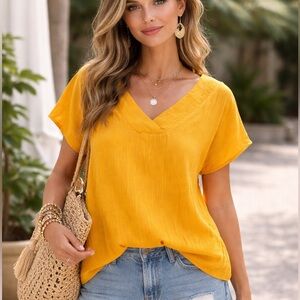 Calligraphie Mustard Cotton Gauze V-Neck Spring Boho Blouse Size M